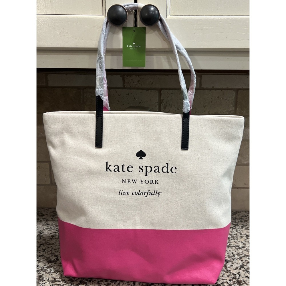 NEW Kate Spade BASIN VIEW Bon Shopper LOGO Tote Bag CANVAS Leather Purse Pink - Picture 8 of 11